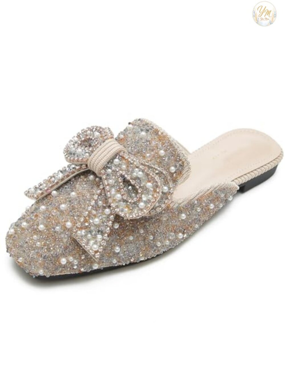 Rhinestone Bow Flat Mules Suede Slip On Square Toe Loafers Comfortable Clogs